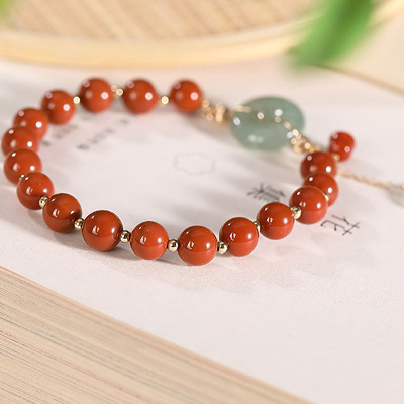 Mythstone 14k Gold Filled Jade Red Agate Peace Buckle Copper Coin Gourd Confidence Bracelet