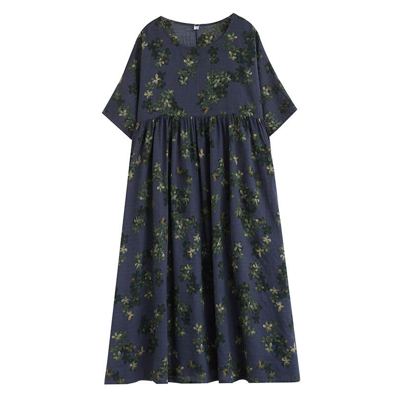 Mythstone Blue Brown Flowers Midi Dress Cotton Half Sleeve Tunic Dress With Pockets