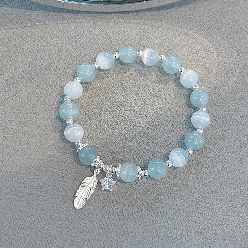 Mythstone 925 Sterling Silver Aquamarine Cat's Eye Healing Feather Star Charm Bracelet