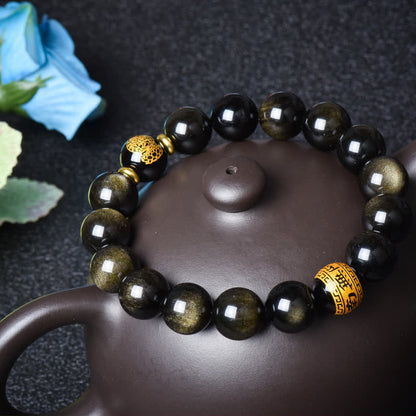 Mythstone Chinese Zodiac Natal Buddha Gold Sheen Obsidian Wealth Protection Bracelet