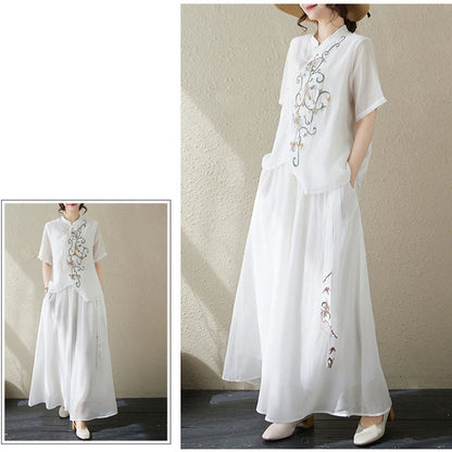 Mythstone 2Pcs Flower Embroidery Short Sleeve Tee T-shirt Wide Leg Pants Set