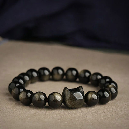 Mythstone Gold Sheen Obsidian Silver Sheen Obsidian Lovely Paw Lucky Cat Protection Bracelet