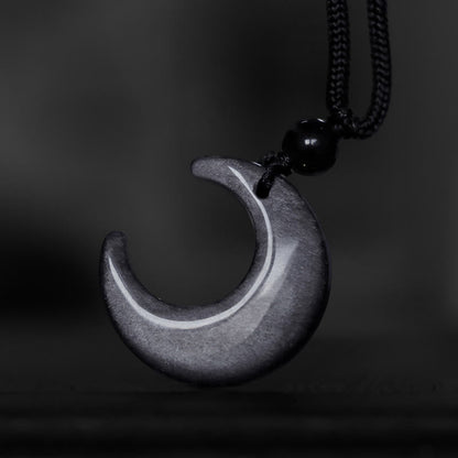 Mythstone Natural Silver Sheen Obsidian Selenite Crystal Crescent Moon Yin Yang Couple Protection Necklace Pendant