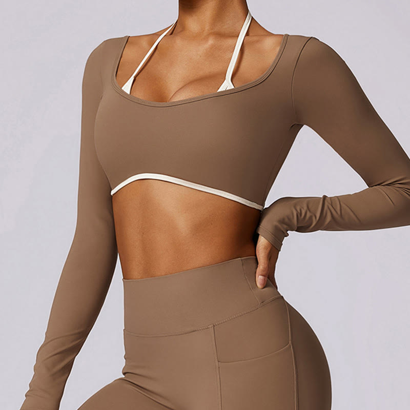 Mythstone Solid Color Halter Neck Bra Long Sleeve Crop Tank Top Pants Sports Fitness Gym Yoga Outfits