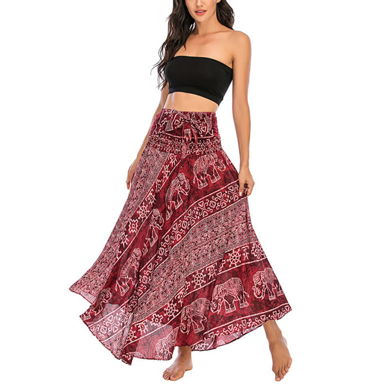 Mythstone Two Style Wear Boho Elephant Geometry Lace-up Skirt Dress