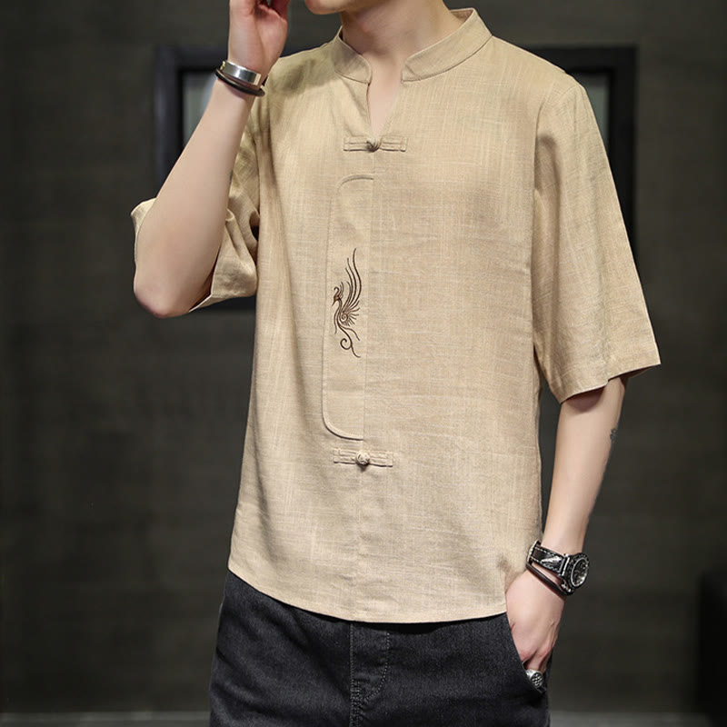 Mythstone Frog-Button Phoenix Embroidery Chinese Tang Suit Short Sleeve Shirt Cotton Linen Men Clothing