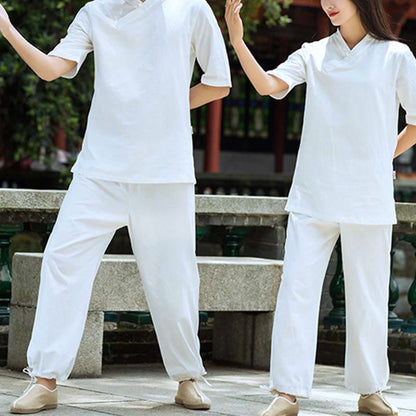 Mythstone 2Pcs Half Sleeve V-Neck Shirt Top Pants Meditation Zen Tai Chi Linen Clothing Women's Set