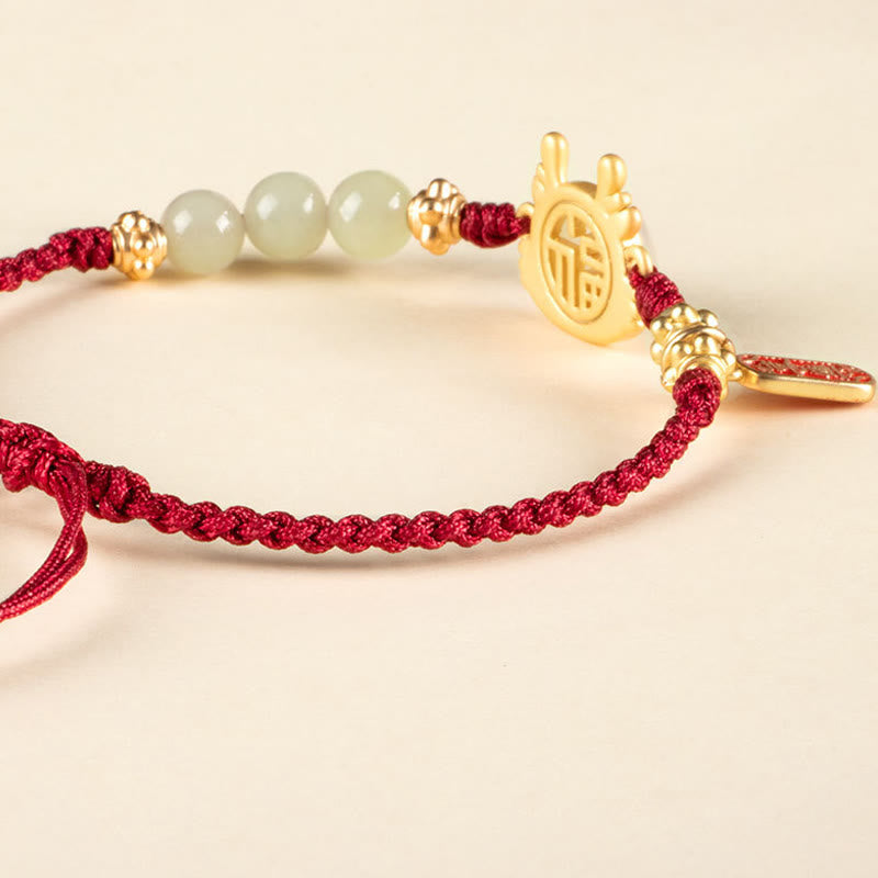 Mythstone Year of the Dragon Hetian White Jade Fu Character Peace And Joy Protection Bracelet