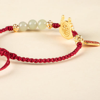 Mythstone Year of the Dragon Hetian White Jade Fu Character Peace And Joy Protection Bracelet