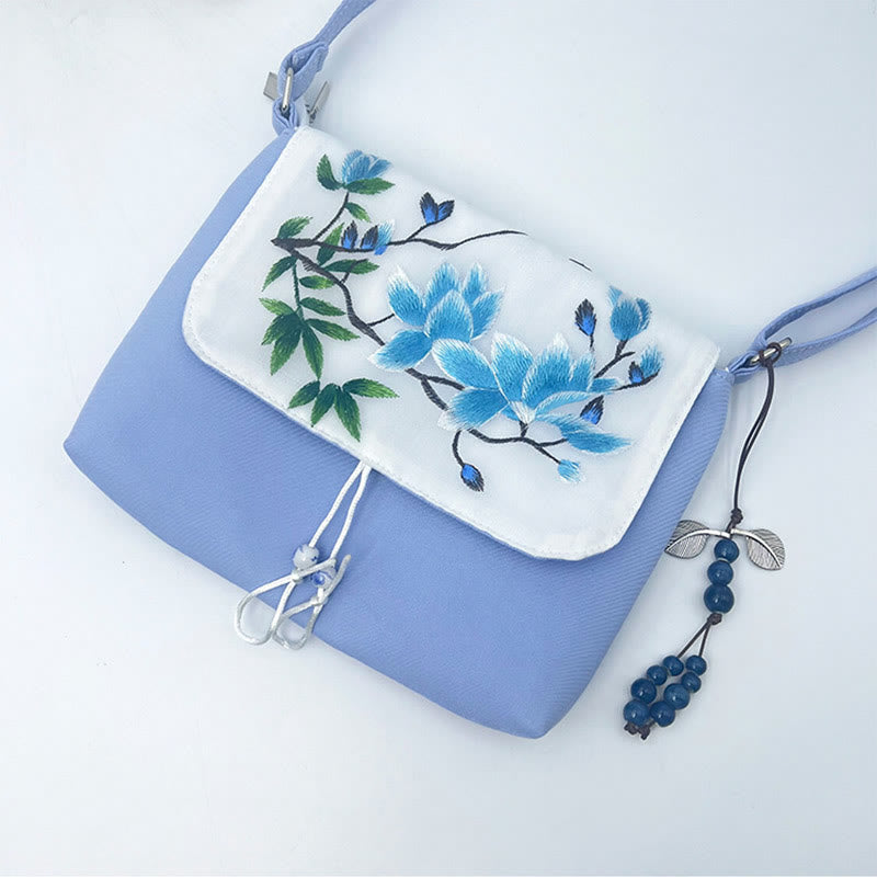 Bolso bandolera con bordado de camelia, epifilo, gardenia y flores de cerezo de Mythstone, bolso de hombro, bolso para teléfono móvil