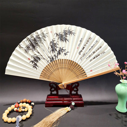 Mythstone A Panorama Of Rivers And Mountains Cranes Orchid Flower Paper Bamboo Handheld Silk Bamboo Folding Fan 22cm