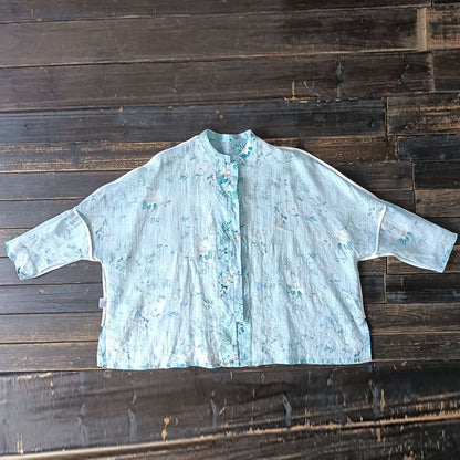 Mythstone Light Green Pink Flowers Green Leaves Frog-Button Long Sleeve Ramie Linen Jacket Shirt