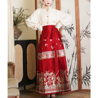 Mythstone Flower Bamboo Embroidery Long Sleeve Shirt Top Chinese Horse Face Skirt Mamianqun Wrapped Skirt Coat