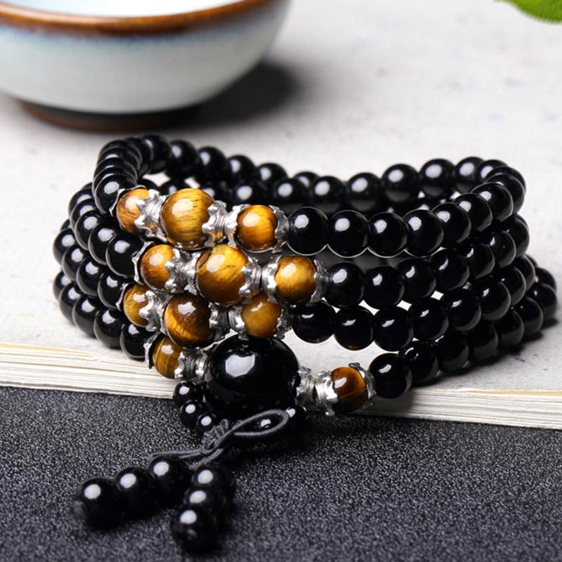 MythStone 108 Beads Natural Black Obsidian Tiger Eye Mala Bracelet