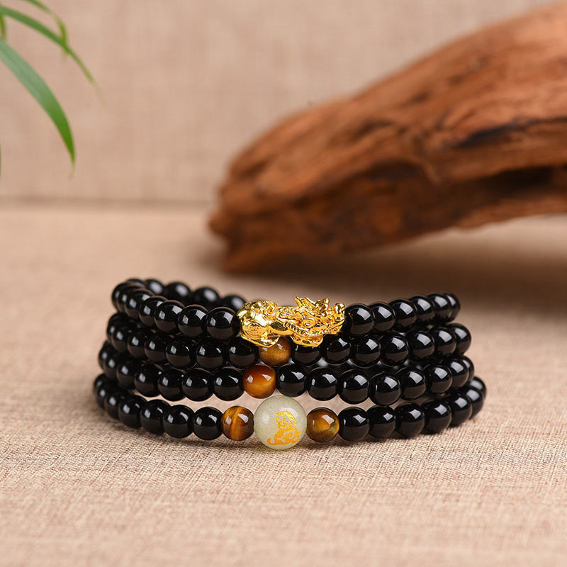 Mythstone Chinese Zodiac Obsidian PiXiu Protection Mala Bracelet