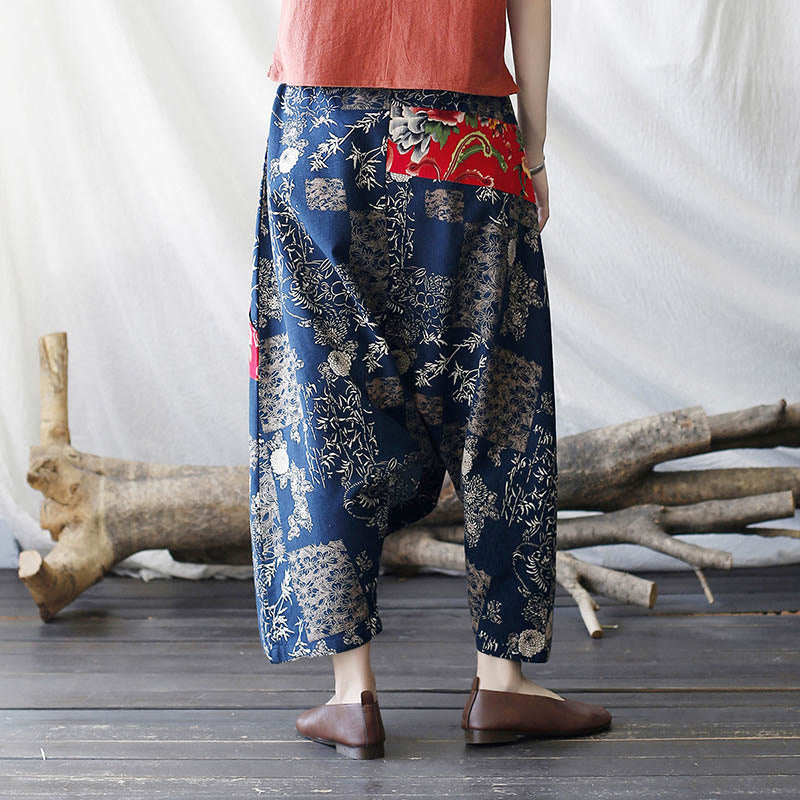 Pantalones harén de lino y algodón con bolsillos, diseño de peonías rojas, bambú azul y crisantemo, patchwork 