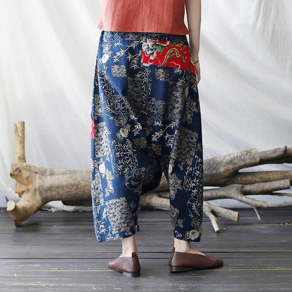 Pantalones harén de lino y algodón con bolsillos, diseño de peonías rojas, bambú azul y crisantemo, patchwork 