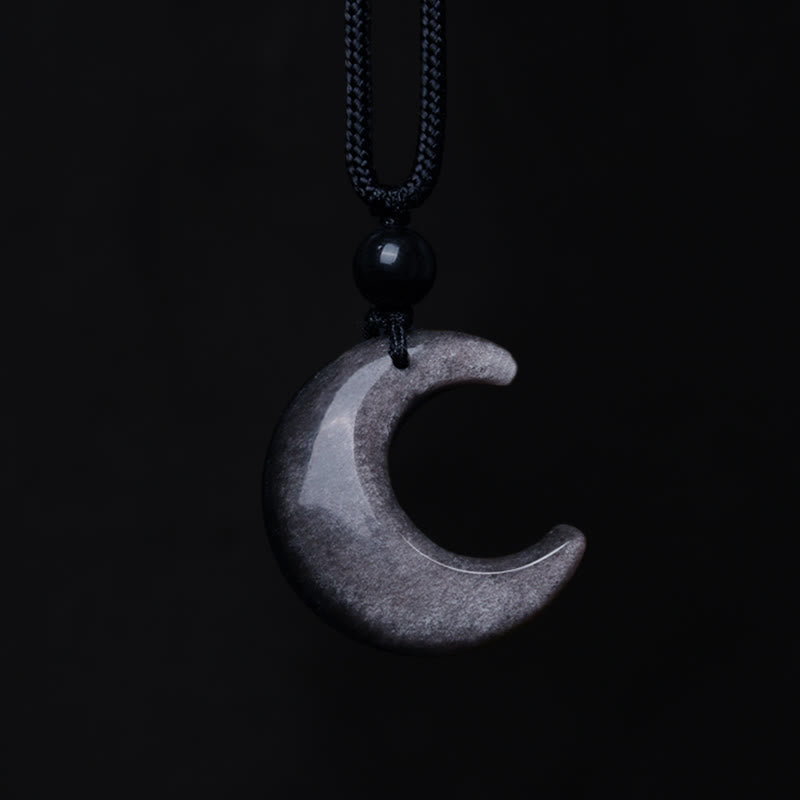 Mythstone Natural Silver Sheen Obsidian Selenite Crystal Crescent Moon Yin Yang Couple Protection Necklace Pendant