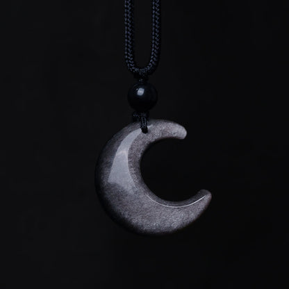 Mythstone Natural Silver Sheen Obsidian Selenite Crystal Crescent Moon Yin Yang Couple Protection Necklace Pendant