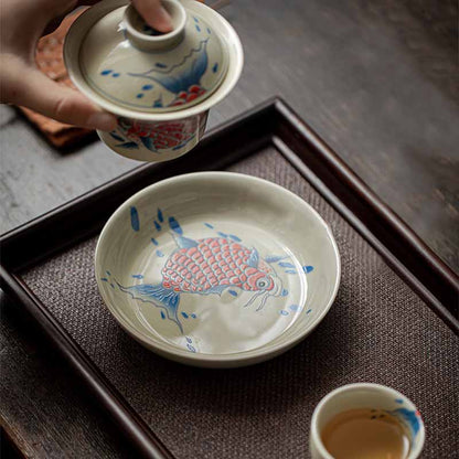 Mythstone Koi Fish Arowana Ceramic Gaiwan Sancai Teacup Kung Fu Tea Cup With Lid 130ml