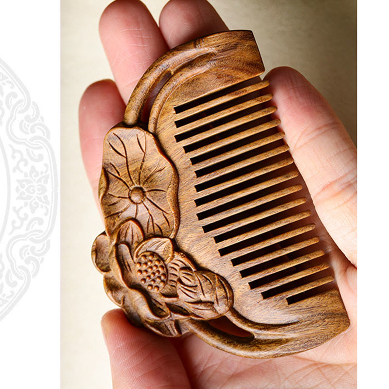 Mythstone Natural Green Sandalwood Lotus Flower Leaf Engraved Soothing Comb