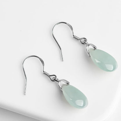 Mythstone 925 Sterling Silver Jade Water Drop Pattern Luck Prosperity Dangle Earrings