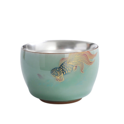 Mythstone 999 Sterling Silver Gilding Butterfly Goldfish Lotus Koi Fish Ceramic Teacup Kung Fu Tea Cup 120ml