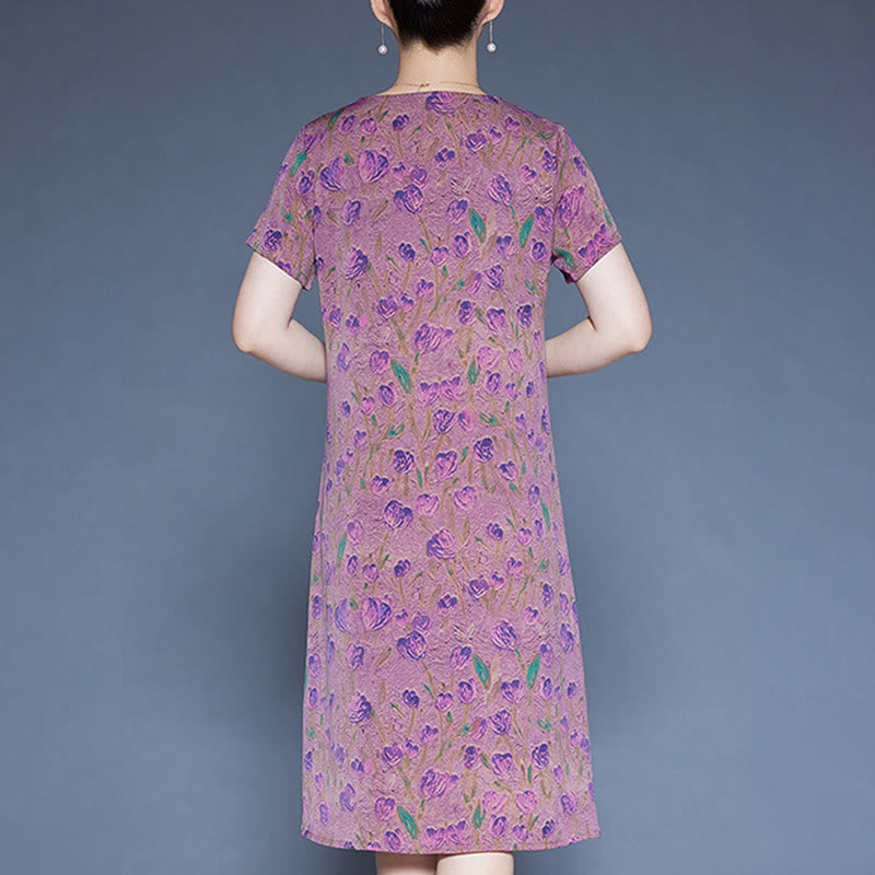 Mythstone V-Neck Tulip Flowers Short Sleeve Midi Dress With Pockets