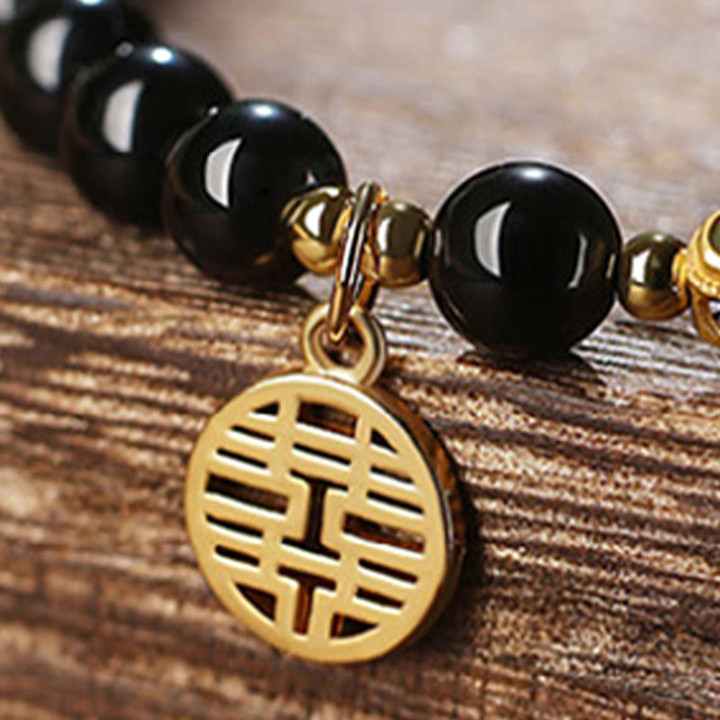 MythStone Natural Black Obsidian Hetian Jade Gourd Double Happiness Strength Bracelet