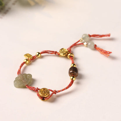 Mythstone Handmade Auspicious Clouds Hetian Jade Fu Character Luck Fortune Rope Bracelet