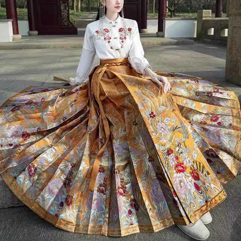 Mythstone Golden Flower Phoenix Embroidery Long Sleeve Shirt Top Chinese Hanfu Ming Dynasty Horse Face Skirt Mamianqun Skirt