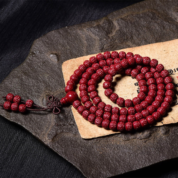 Mythstone 108 Mala Beads Cinnabar Om Mani Padme Hum Pattern Engraved Blessing Bracelet