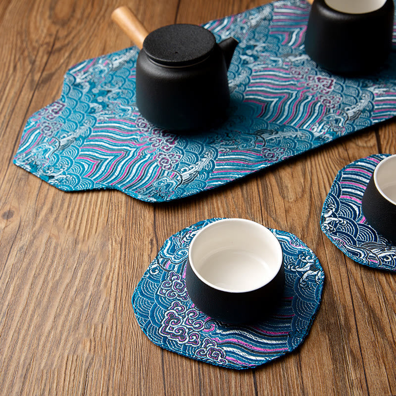 Posavasos para taza de té con brocado de flor de ciruelo y bambú con ondas marinas de Mythstone, posavasos para taza de té, tapete para té de kung fu