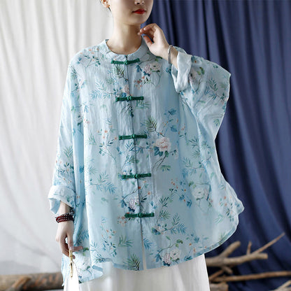 Mythstone Light Green Pink Flowers Green Leaves Frog-Button Long Sleeve Ramie Linen Jacket Shirt