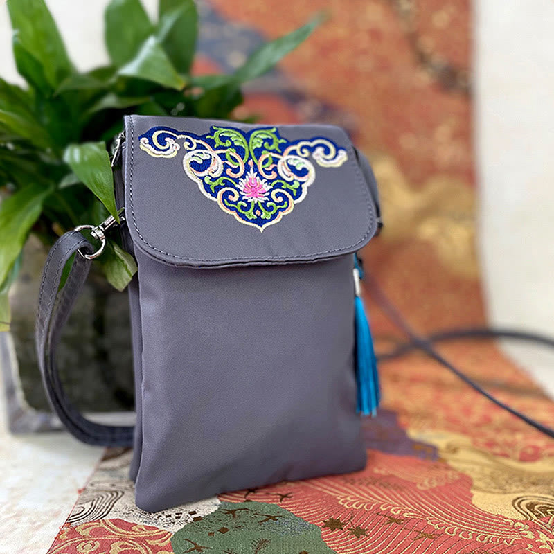 Mythstone Waterproof Handmade Embroidered Lotus Flowers Crossbody Bag Shoulder Bag Cellphone Bag