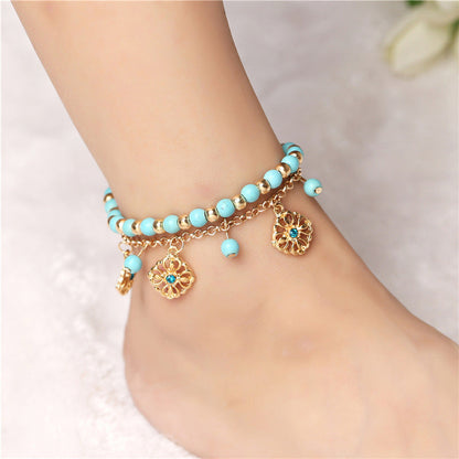 Mythstone 2Pcs Turquoise Stone Flower Protection Bracelet Anklet