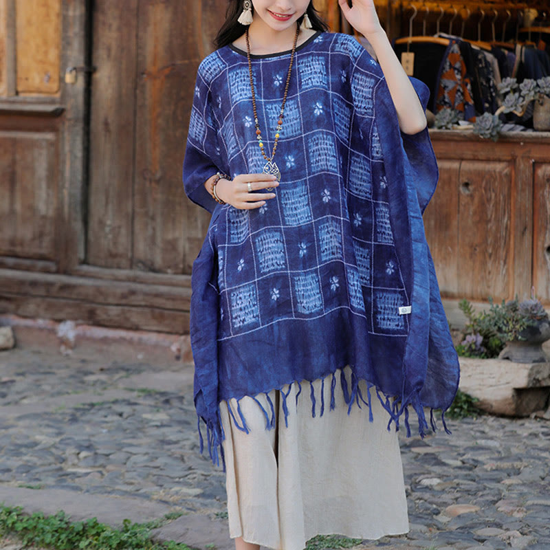 Mythstone Blue Color Block Plaid Shawl Tassels Soft Pullover 90*95cm