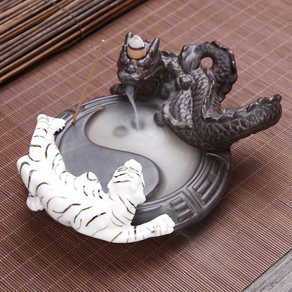 Mythstone Tiger Dragon Backflow Smoke Fountain Ceramic Yin Yang Blessing Incense Burner Decoration