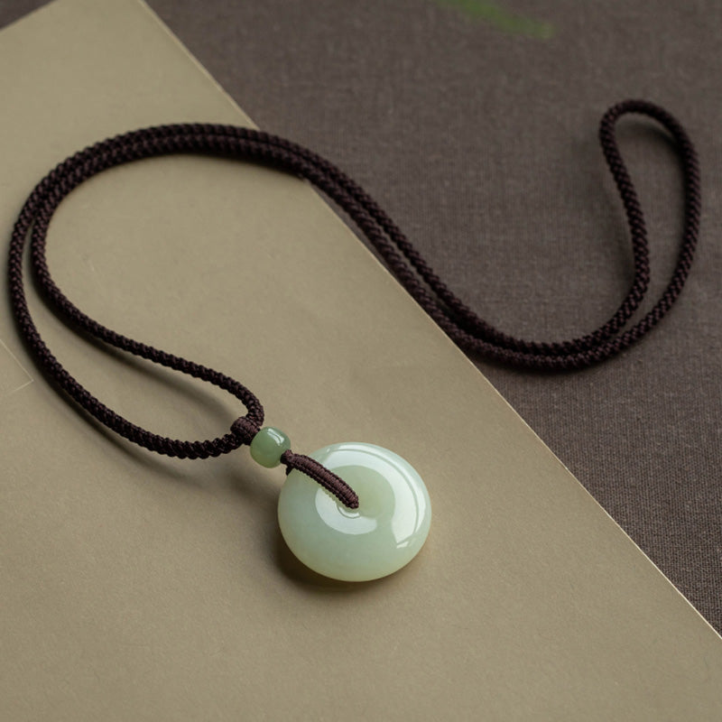 Mythstone Natural Round Jade Peace Buckle Luck Prosperity Necklace Pendant