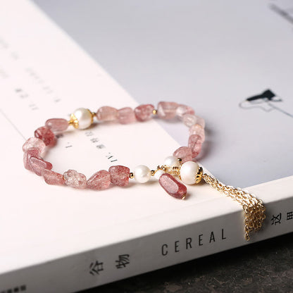 Mythstone Natural Strawberry Quartz Pearl 14k Gold Plated Love Healing Bracelet