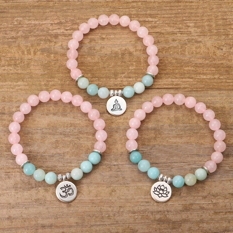 Mythstone Natural Pink Crystal Amazonite Lotus Buddha OM Symbol Warmth Bracelet