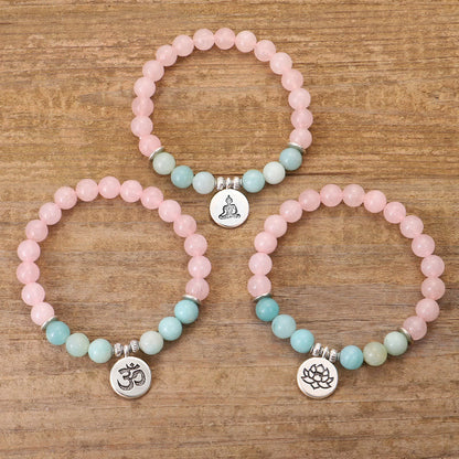 Mythstone Natural Pink Crystal Amazonite Lotus Buddha OM Symbol Warmth Bracelet