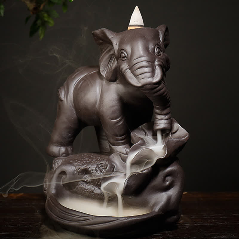 Mythstone Tibetan Elephant Purple Clay Backflow Smoke Fountain Peace Healing Incense Burner Decoration