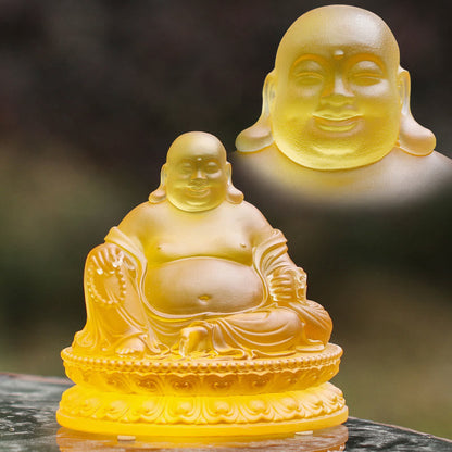 Mythstone Handmade Laughing Buddha Figurine Liuli Crystal Art Piece Wealth Statue Home Decoration