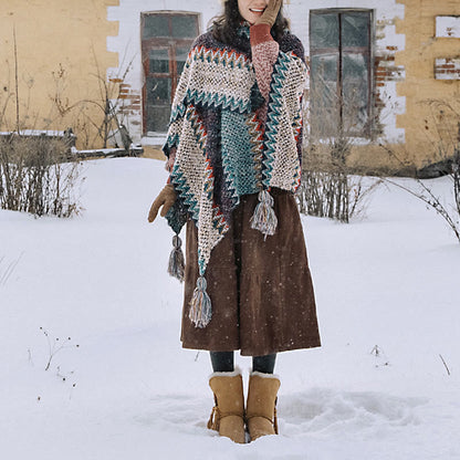 Chal tibetano Mythstone con estampado ondulado azul, beige y rojo, bufanda cálida con borlas para el invierno