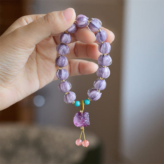 Mythstone Liuli Glass Bead Lotus Design Fluorite Ivory Fruit Dancing Lion Charm Enlightenment Bracelet