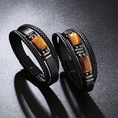 Mythstone Tiger Eye Power Magnetic Buckle Multilayered Leather Bracelet