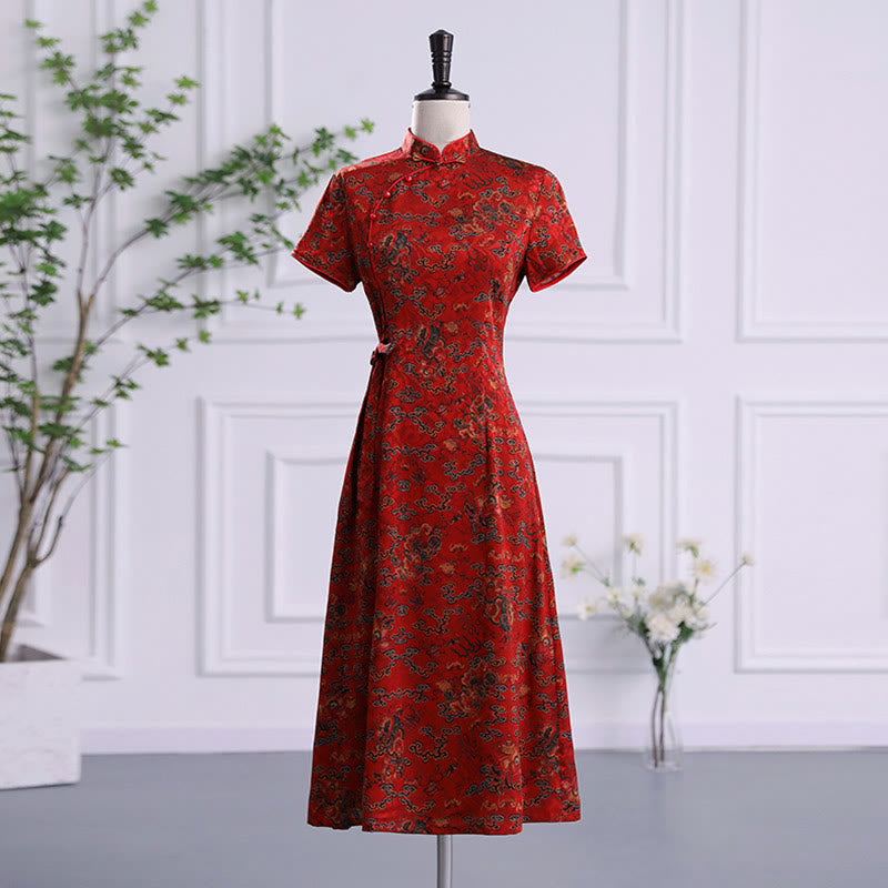 Mythstone Vintage Auspicious Clouds Leaf Print Cheongsam Dress Women's Qipao Dress