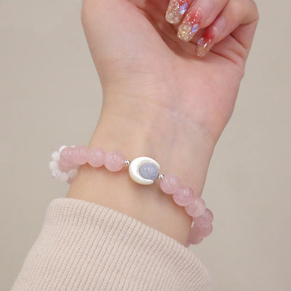 Pulsera de media luna curativa con ojo de gato, amatista natural, aguamarina y cristal rosa de plata de ley 925 de Mythstone 