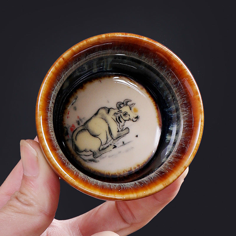 Mythstone 12 Chinese Zodiac Pattern Ceramic Teacup Kung Fu Jian Chinese Zhan Tea Cup 73ml